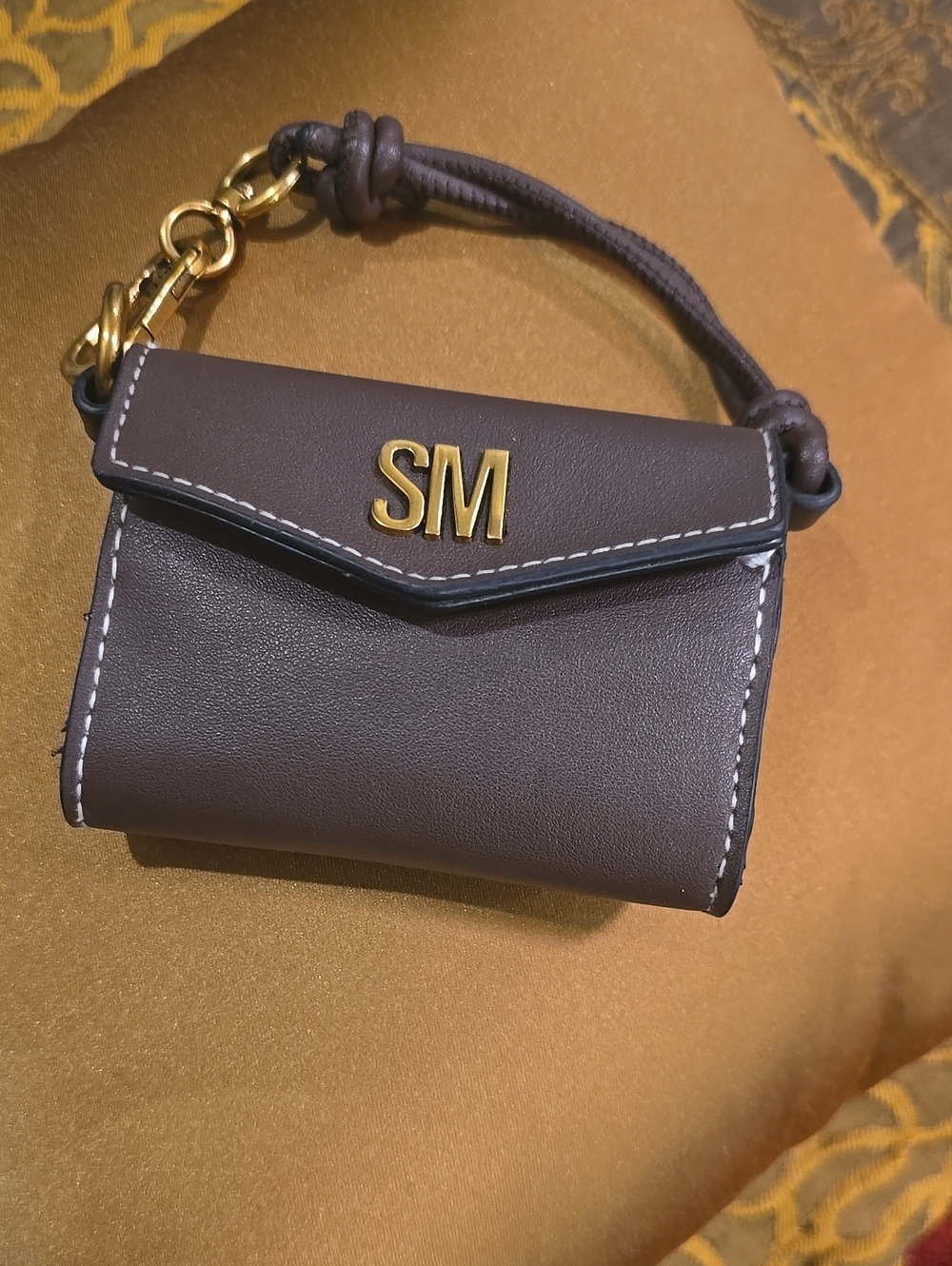 Steve Madden Dark Brown Leather Wristlet with Gold SM Logo